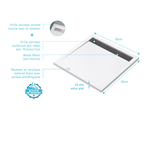Receveur en acrylique blanc 90x90x4 cm + grilles linéaires chrome et gun metal - whiteness ii Aurlane - PACR178