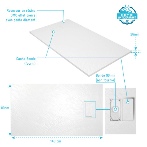 Receveur de douche 80x140x2.6 cm en smc finition ardoise - blanc mat - rock 2 white