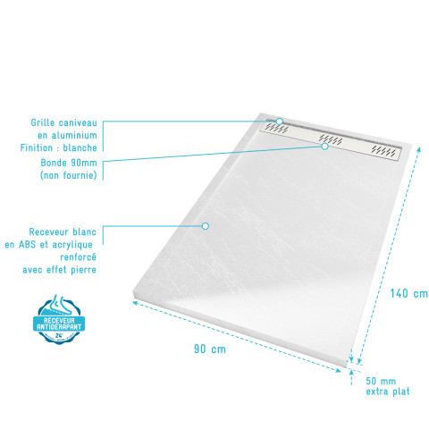 Receveur en acrylique blanc effet pierre 90x140x5 cm + grilles linéaires chrome et blanche Aurlane - PACR224