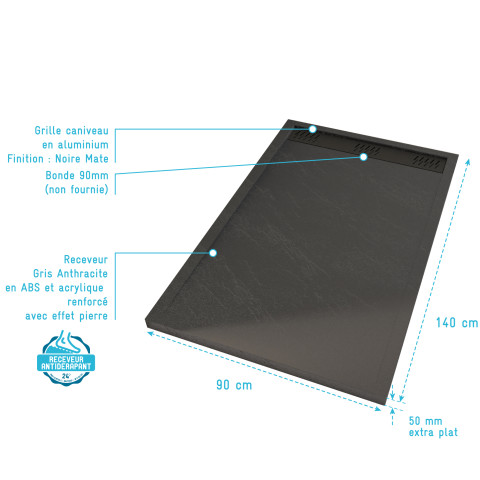 Receveur en acrylique gris effet pierre 90x140x5 cm + grilles linéaires chrome et noire Aurlane - PACR226