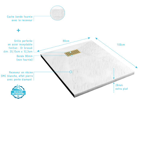 Pack receveur blanc effet pierre 80x100 cm et grille décor linéaire or doré brossé - rock 2 Aurlane - PACR190
