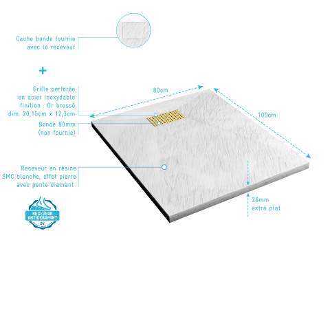 Pack receveur blanc effet pierre 80x100 cm et grille décor perforée or doré brossé - rock 2 Aurlane - PACR205