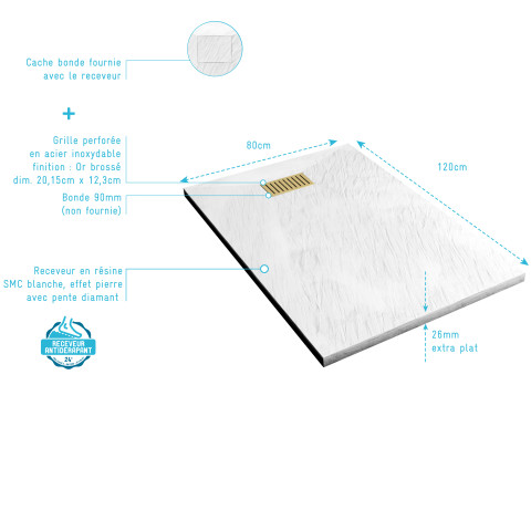 Pack receveur blanc effet pierre 80x120 cm et grille décor linéaire or doré brossé - rock 2