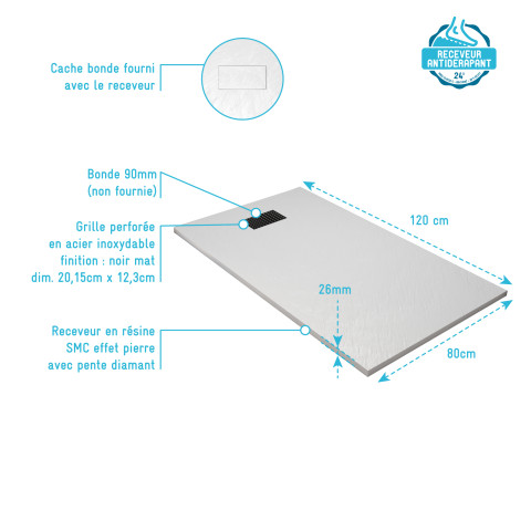 Pack receveur blanc effet pierre 80x120 cm et grille décor perforée noire mate Aurlane - PACR237