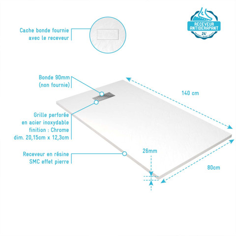 Pack receveur blanc effet pierre 80x140 cm et grille décor linéaire en inox - rock 2 Aurlane - PACR233