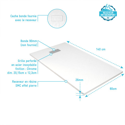 Pack receveur blanc effet pierre 80x140 cm et grille décor perforée en inox - rock 2 Aurlane - PACR232