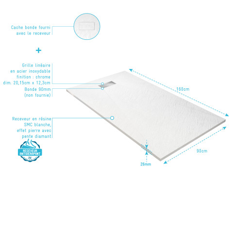 Pack receveur blanc effet pierre 90x160 cm et grille décor linéaire en inox Aurlane - PACR303