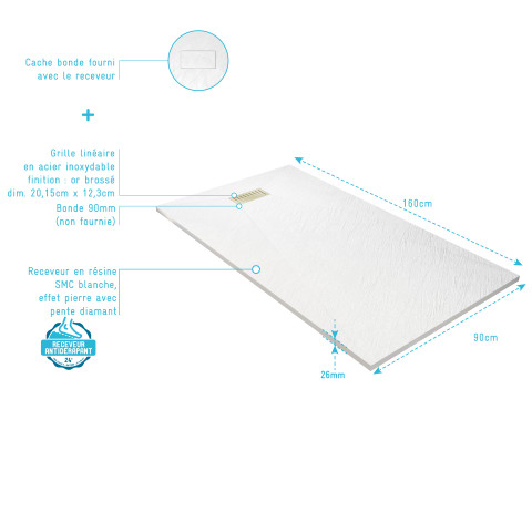 Pack receveur blanc effet pierre 90x160 cm et grille décor linéaire or brossé Aurlane - PACR304