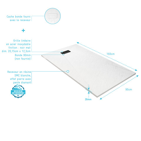Pack receveur blanc effet pierre 90x160 cm et grille décor linéaire noire mate Aurlane - PACR305