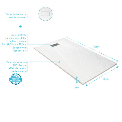 Pack receveur blanc effet pierre 90x160 cm et grille décor perforée en inox Aurlane - PACR300