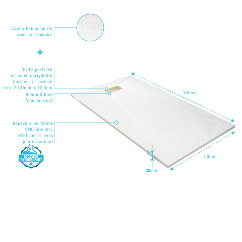 Pack receveur blanc effet pierre 90x160 cm et grille décor perforée or doré brossé Aurlane - PACR301