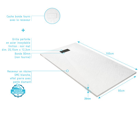 Pack receveur blanc effet pierre 90x160 cm et grille décor perforée noire mate Aurlane - PACR302