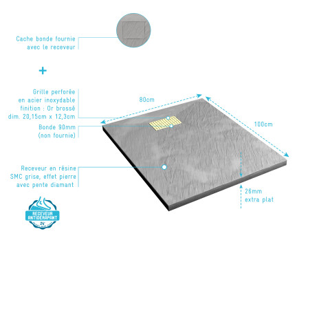 Pack receveur gris effet pierre 80x100 cm et grille décor linéaire or doré brossé - rock 2 Aurlane - PACR195