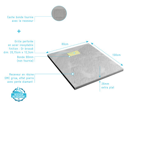 Pack receveur gris effet pierre 80x100 cm et grille décor perforée or doré brossé - rock 2 Aurlane - PACR210