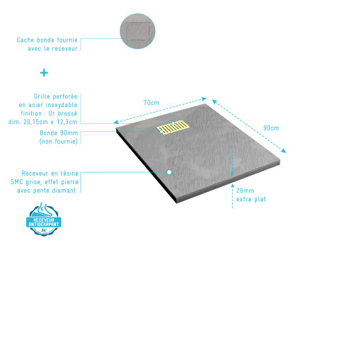 Pack receveur gris effet pierre 70x90 cm et grille décor linéaire or doré brossé - rock 2 Aurlane - PACR199