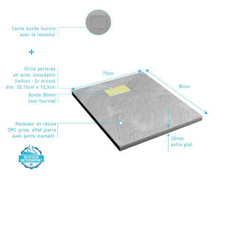 Pack receveur gris effet pierre 70x90 cm et grille décor perforée or doré brossé - rock 2 Aurlane - PACR214