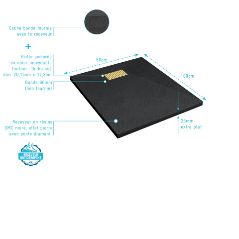 Pack receveur noir effet pierre 80x100 cm et grille décor perforée or doré brossé - rock 2 Aurlane - PACR215