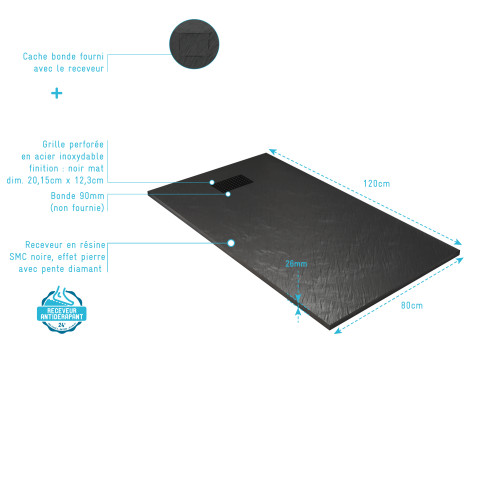 Pack receveur noir effet pierre 80x120 cm et grille décor linéaire noire mate