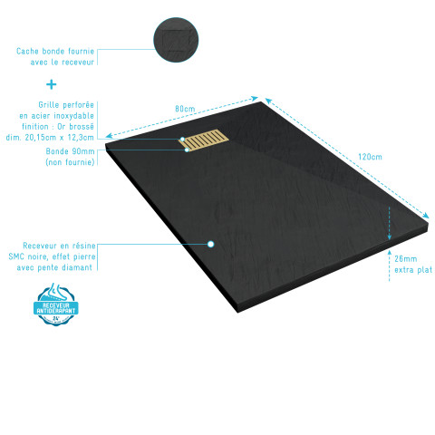 Pack receveur noir effet pierre 80x120 cm et grille décor linéaire or doré brossé - rock 2 Aurlane - PACR201