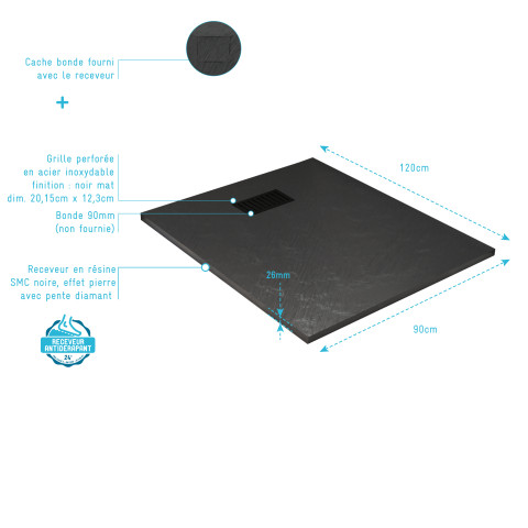 Pack receveur noir effet pierre 90x120 cm et grille décor linéaire noire mate Aurlane - PACR258
