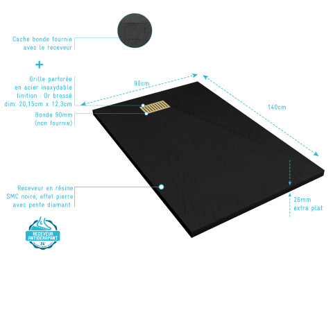 Pack receveur noir effet pierre 90x140 cm et grille décor linéaire or doré brossé - rock 2