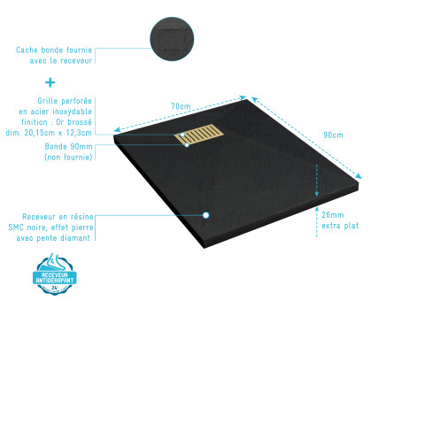 Pack receveur noir effet pierre 70x90 cm et grille décor linéaire or doré brossé - rock 2 Aurlane - PACR204