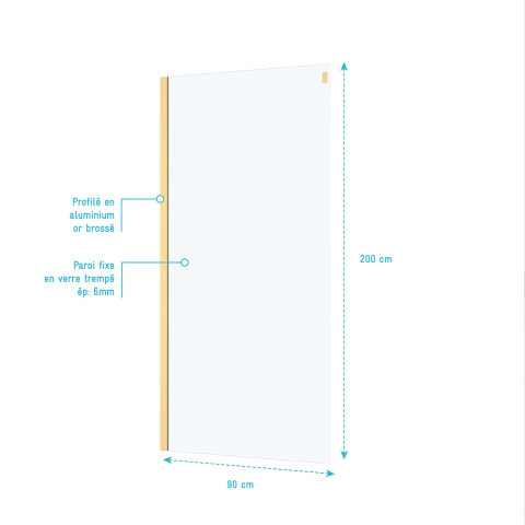 Paroi de retour 90x200 cm - finition or doré brossé - verre trempé 6 mm Aurlane - FAC982