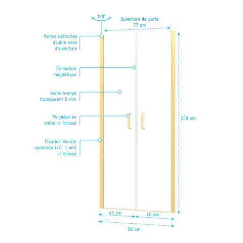 Porte de douche double battant 90x200cm - verre trempé transparent 6mm - profil or doré brossé