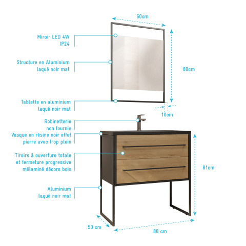 Pack meuble salle de bain 80 cm noir mat & bois 2 tiroirs - vasque noire effet pierre - miroir led Aurlane - LAV617