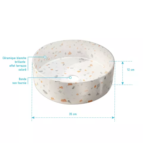 Vasque terrazzo confetti - ø35cm x 12cm - ronde en ceramique blanc brillant Aurlane - VAS063
