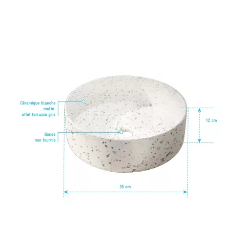 Vasque terrazzo gris - ø35cm x 12cm - ronde en ceramique blanc mat Aurlane - VAS062