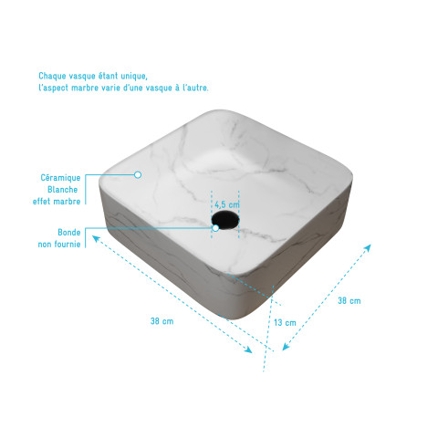 Vasque à poser carrée en céramique blanche mat effet marbre - 38x38x13 cm - white marble