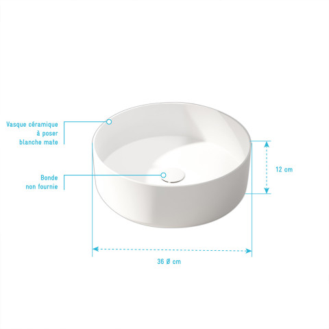 Vasque à poser ronde en céramique blanche mat - ø36cm x 12cm - pop matt Aurlane - VAS059
