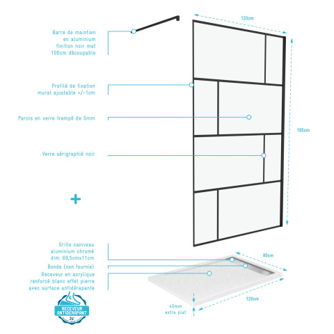 Pack paroi de douche 120x195 cm + receveur en acrylique blanc effet pierre 120x80 Aurlane - PACF095