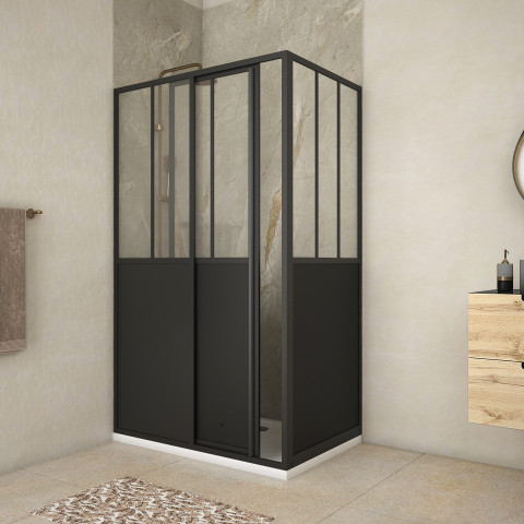 Pack porte de douche coulissante et retour 'type atelier' - noir mat - Dimensions au choix