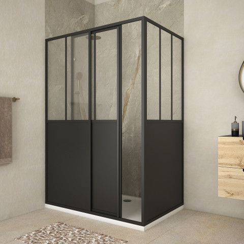 Pack porte de douche coulissante et retour 'type atelier' - noir mat - Dimensions au choix