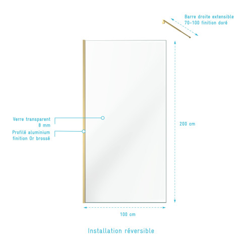 Pack paroi de douche 100x200cm verre transparent - barre de fixation extensible - Couleur de profil au choix
