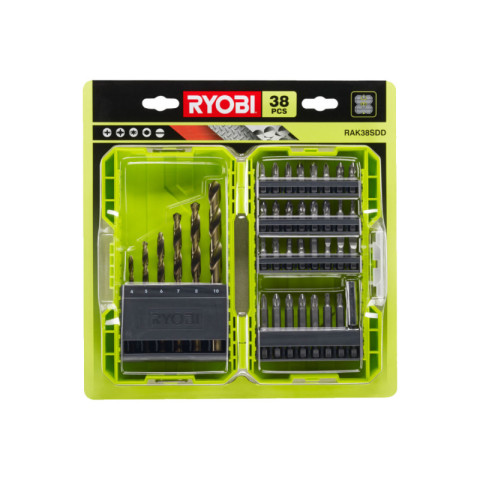 Pack ryobi - perceuse visseuse r18dd2-220s - 18v one plus - 2 batteries 2,0ah - chargeur - coffret antichocs empilable 38 accessoires - porte embouts