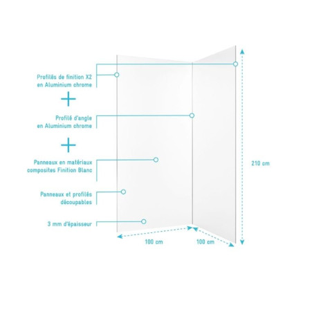 Pack 2 Panneaux muraux en aluminium blanc 100x210 cm + Profilés finition et angle Chrome WALL'IT Aurlane - PACP317