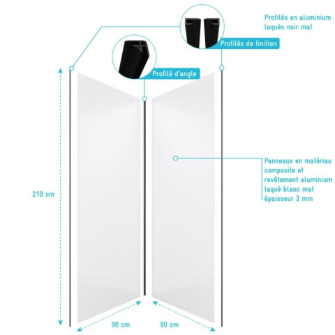 Pack de 2 Panneaux muraux aluminium blanc 90+90x210 cm avec profilés noir mat - WALL’IT Aurlane - FAC402