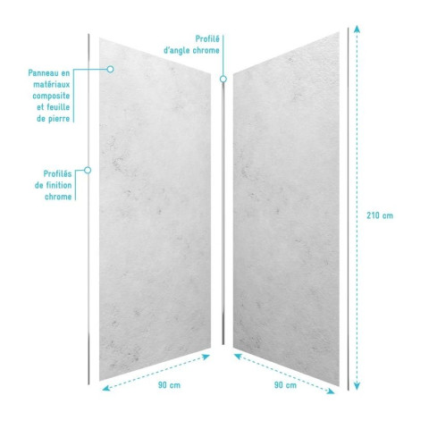 Pack de 2 Panneaux muraux pierre light grey 90x210 cm avec profilés anodisé brillant - STONE’IT Aurlane - PACP247