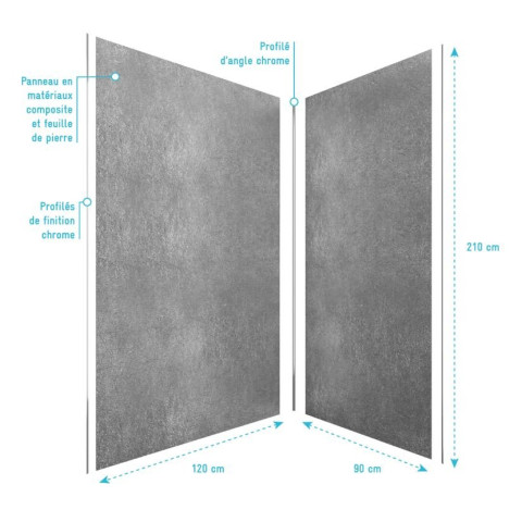 Pack de 2 Panneaux muraux Pierre Silver Grey 90+120×210 cm avec profilés anodise brillant - STONE’IT Aurlane - PACP245