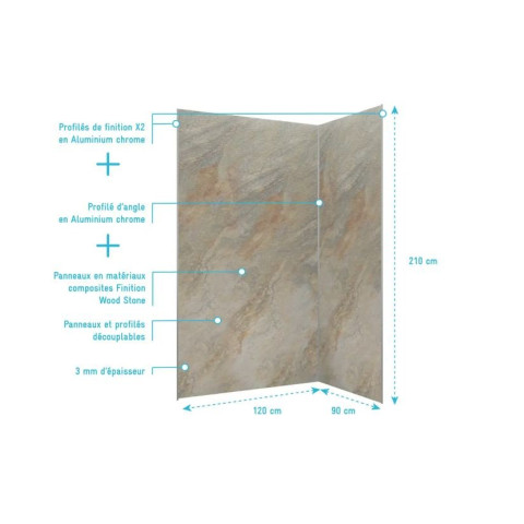 Pack de 2 Panneaux muraux pierre Wood Stone 90+120×210 cm avec profilés ANODISE BRILLANT - STONE’IT Aurlane - PACP246