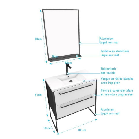 Pack meuble de salle de bain 80x50 cm - 2 tiroirs blanc - Vasque blanche + miroir noir mat Aurlane - PACM045