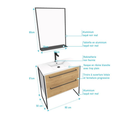 Pack meuble de salle de bain 80x50cm Blanc - 2 tiroirs blanc vasque blanche + miroir noir mat Aurlane - PACM034
