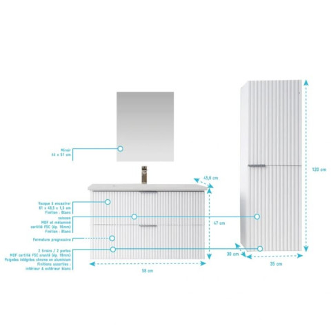 Pack meuble salle de bain 60cm et colonne de rangement - Façades blanches ondulées - MILO Aurlane - PACM920