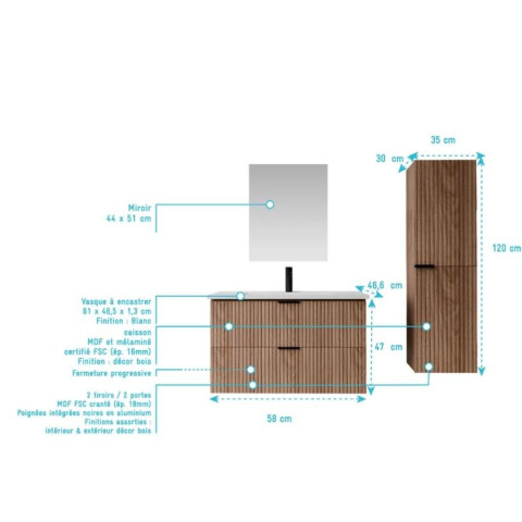 Pack meuble salle de bain 60cm et colonne de rangement - Façades ondulées décor bois - MILO Aurlane - PACM918
