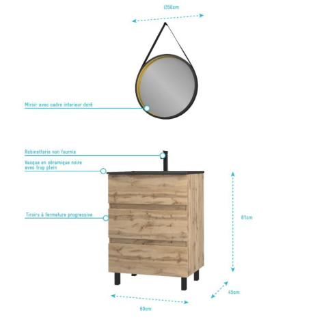 Pack Meuble SDB 60cm sur pieds 3 tiroirs chêne vasque noire + Miroir Barber - TIMBER 60 - Pack40 Aurlane - PACM250