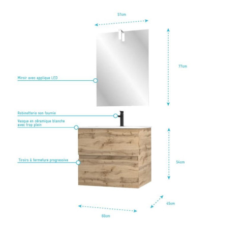 Pack Meuble SDB 60cm suspendu 2 tiroirs chêne - Vasque blanche + Miroir Led - TIMBER 60_Pack31 Aurlane - PACM241