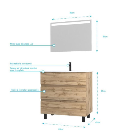 Pack Meuble SDB 80cm sur pieds 3 tiroirs Chêne -Vasque blanche + Miroir Led - TIMBER 80_Pack46 Aurlane - PACM256